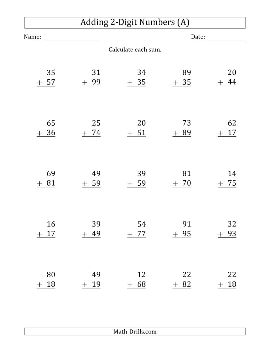2-Digit Plus 2-Digit Addition With Some Regrouping (A) | Printable 2 Digit Addition Worksheets