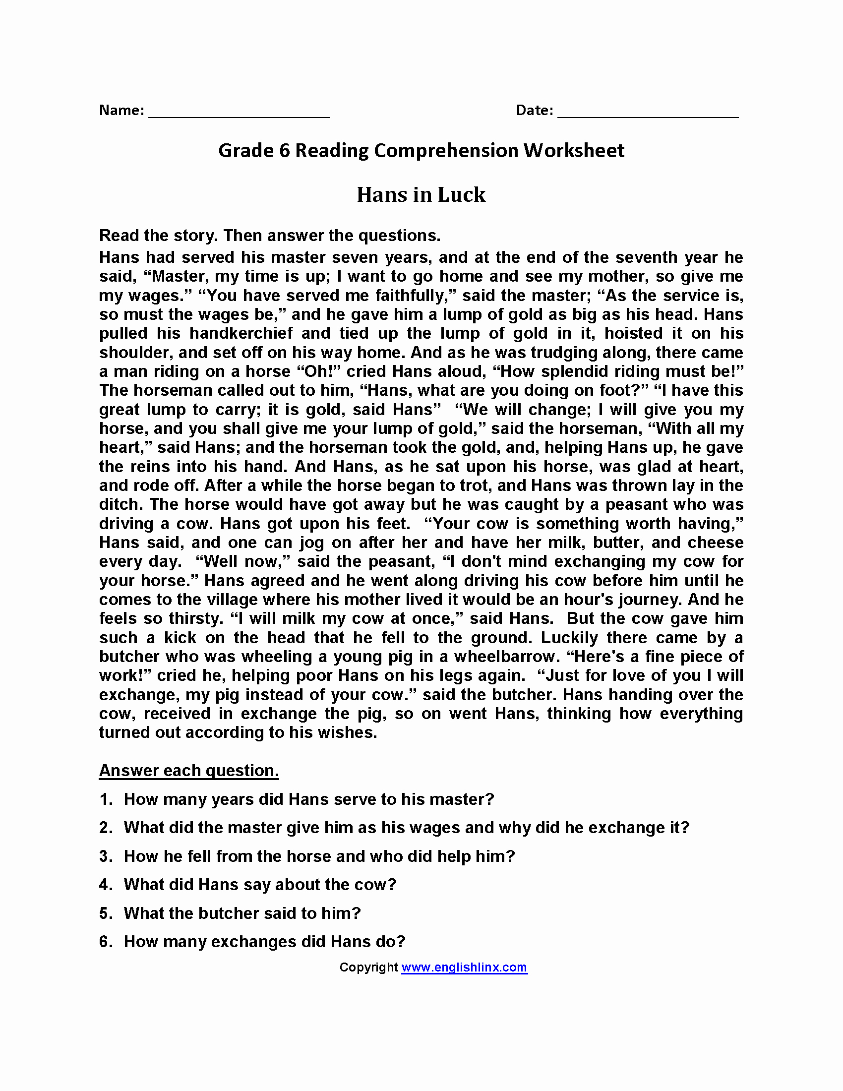 20 Free Printable Reading Comprehension Worksheets For 6Th Grade | Free Printable Reading Comprehension Worksheets Grade 5