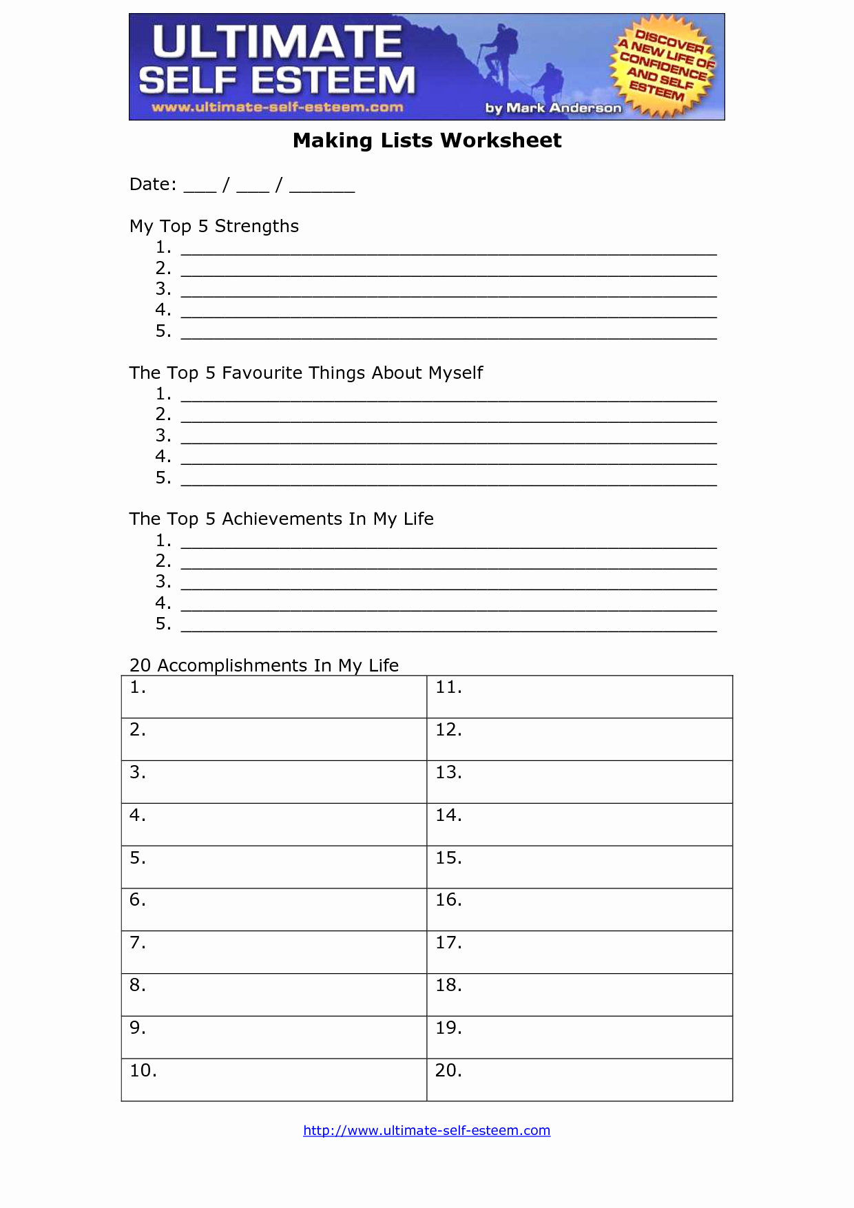 Self Esteem Worksheets For Teens