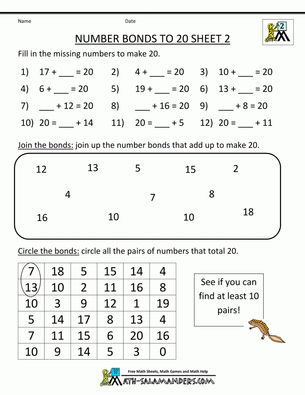 Free Printable Math Worksheets Number Bonds To 50 2 Education Printable Number Bond