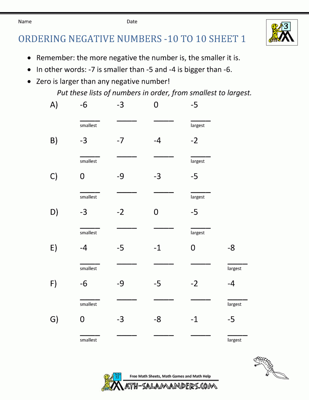 3Rd Grade Math Ordering Numbers From -10 To 10 | Positive And Negative Numbers Worksheets Printable