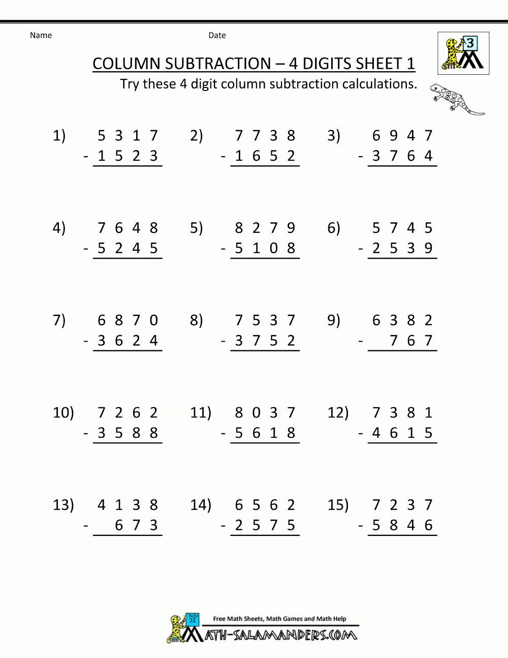 4 Digit Subtraction Worksheets | Printable Subtraction Worksheets