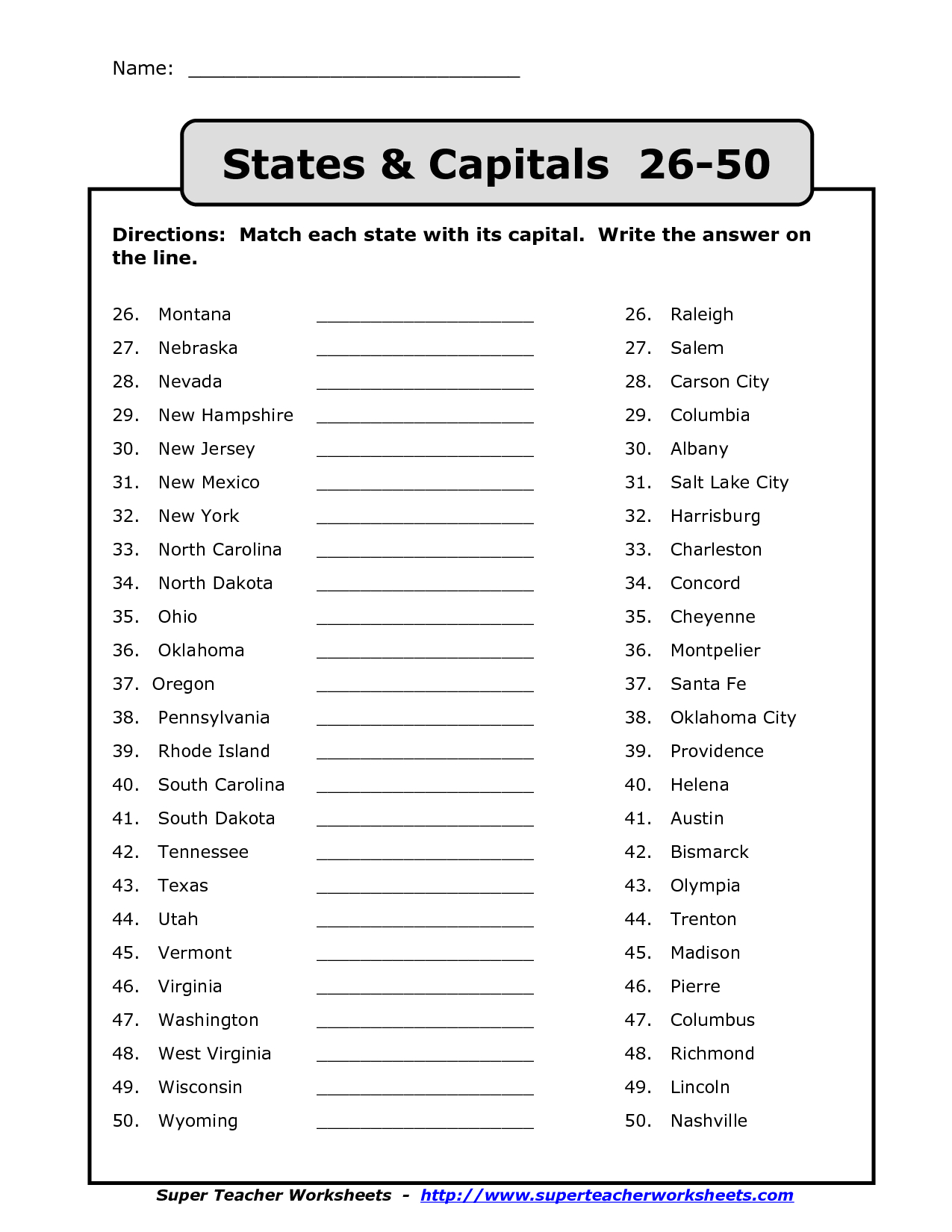 50 States Capitals List Printable | Back To School | States | Free Printable States And Capitals Worksheets