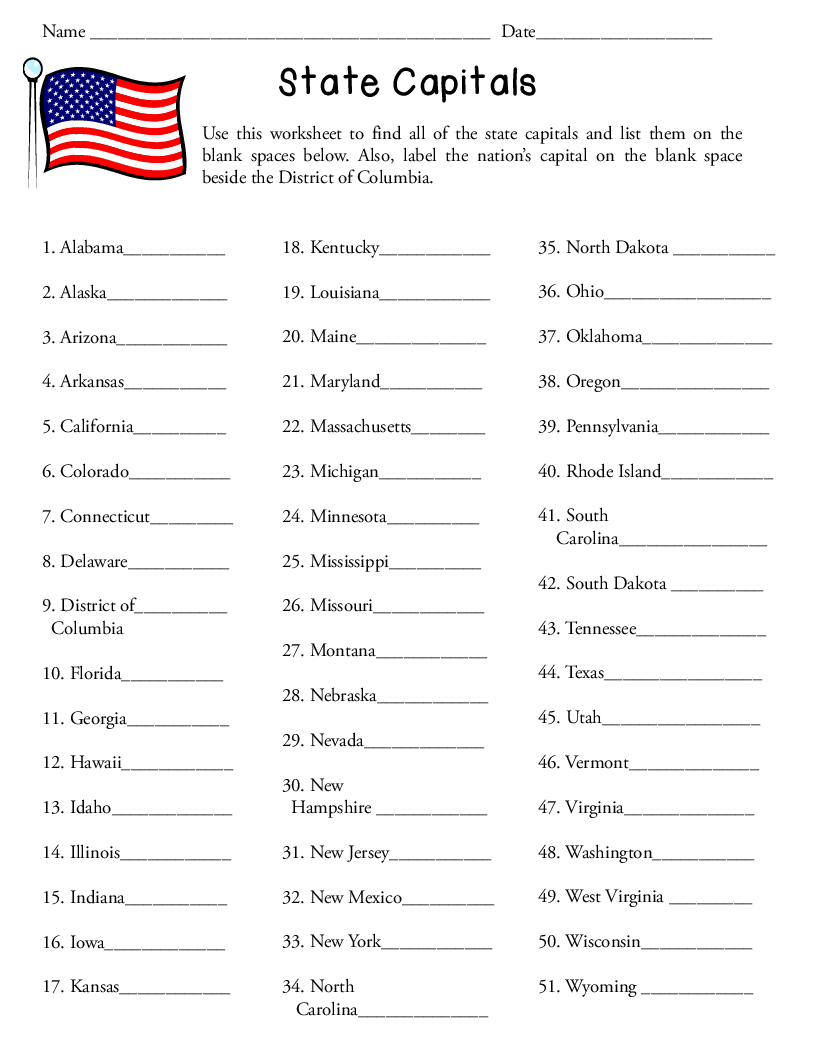 50+States+And+Capitals+Worksheet | School | States, Capitals, United | Usa Worksheets Printables