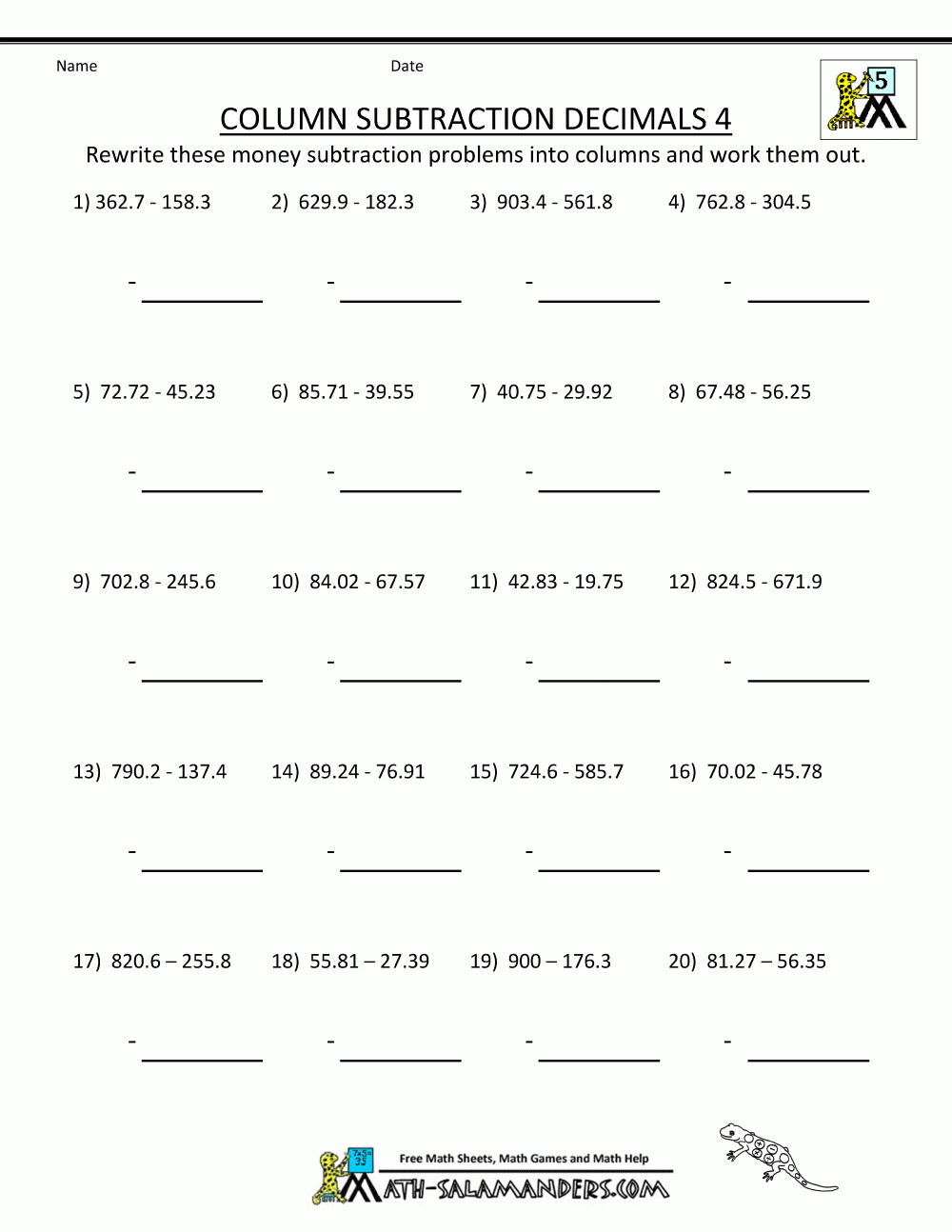 5Th Grade Math Practice Subtracing Decimals | Free Printable Multiplication Worksheets For 5Th Grade
