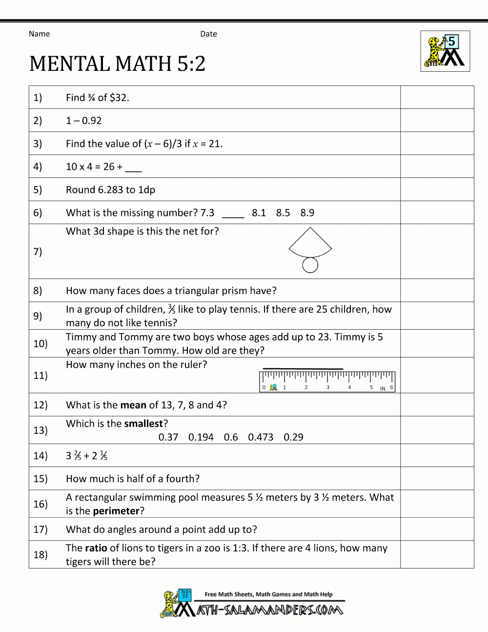 5Th Grade Mental Math Worksheet 5Th Grade 2 | School | Mental Maths | Printable 5Th Grade Math Worksheets With Answer Key