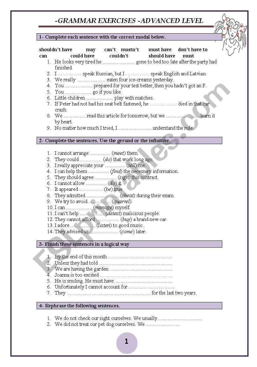 6 Pages Of Advanced Grammar Exercises With A Key - Esl Worksheet | Advanced Esl Grammar Printable Worksheets