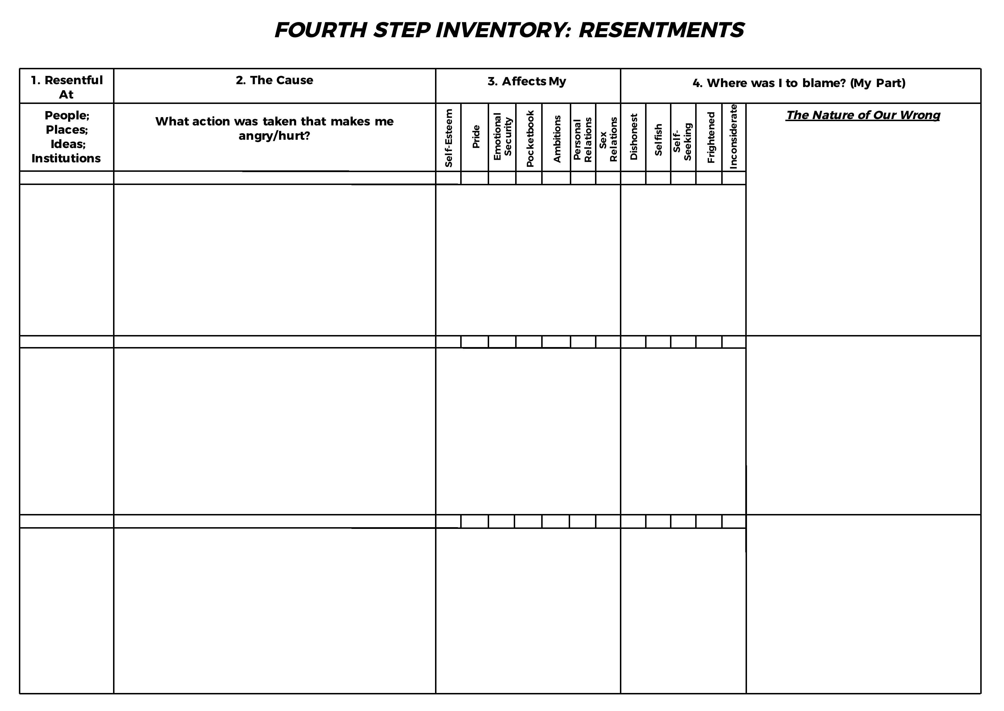 Aa 4Th / Fourth Step Inventory Resentments | Aa 4Th / Fourth Step | Printable Aa Step Worksheets