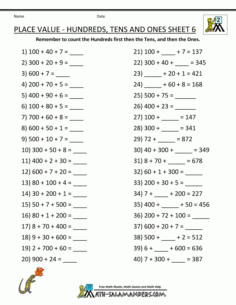 Activities Place Value | Printable Math Worksheets Place Value | Place Value Hundreds Tens Ones Worksheets Printable