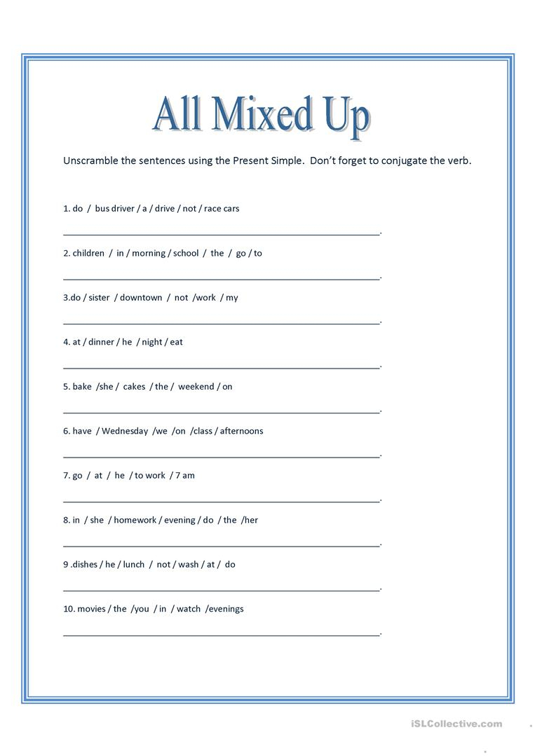 All Mixed Up ~ Sentence Scramble Worksheet - Free Esl Printable | Free Printable Scrambled Sentences Worksheets
