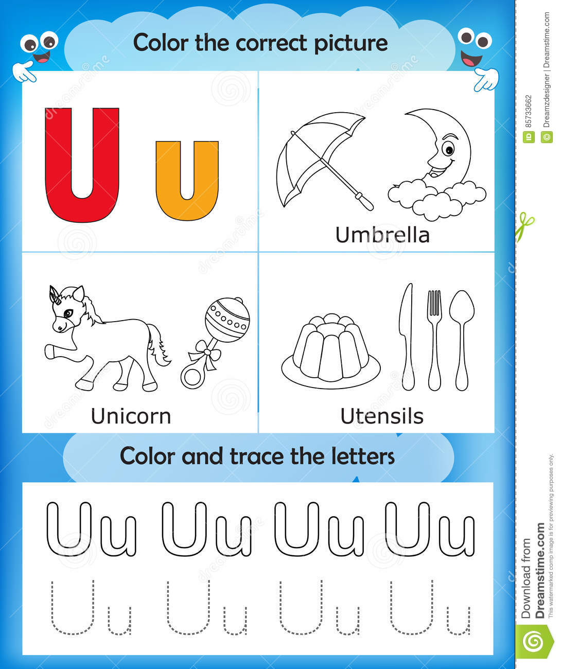 Alphabet Learning And Color Letter U Stock Illustration | Learning Colors Printable Worksheets