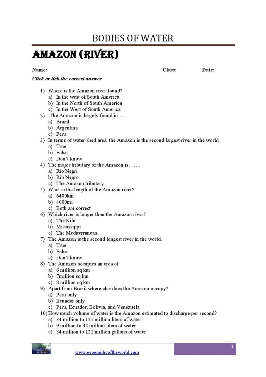 Bodies Of Water Questions And Answers Geography Printable Worksheets | River Worksheets Printables