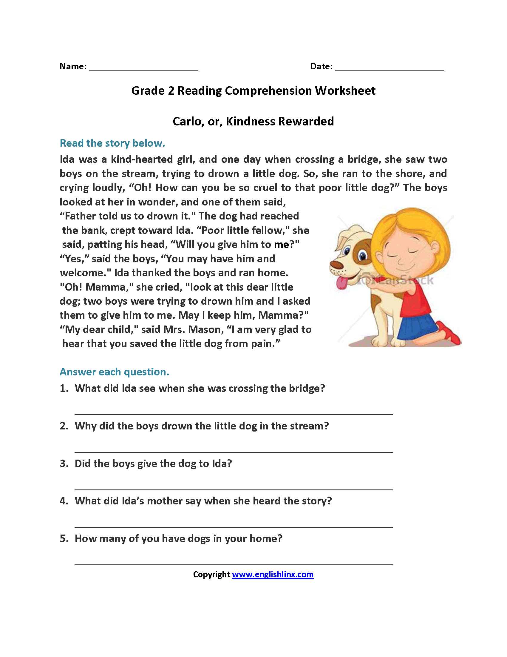 Carlo Or Kindness Rewarded Second Grade Reading Worksheets | Reading | Second Grade Reading Comprehension Printable Worksheets