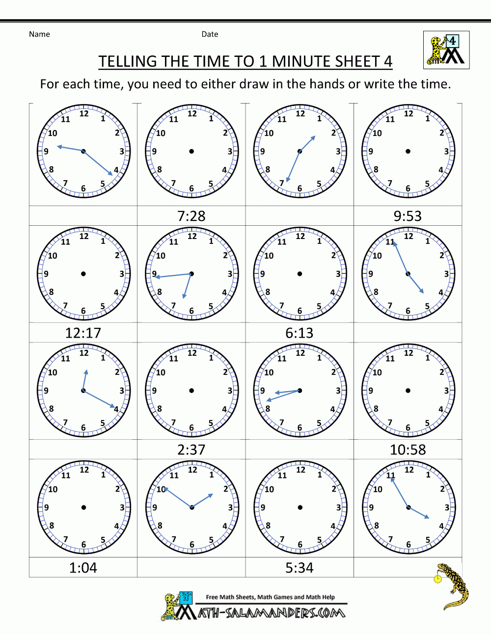 Clock Worksheets - To 1 Minute | Free Printable Time Worksheets For Kindergarten
