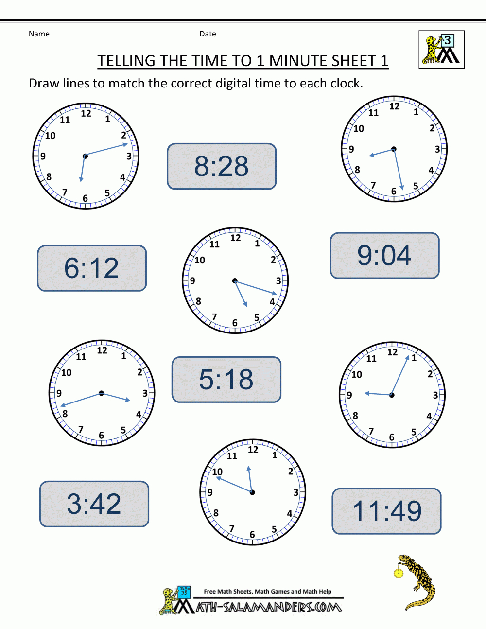 Clock Worksheets - To 1 Minute | Printable Time Worksheets Grade 3