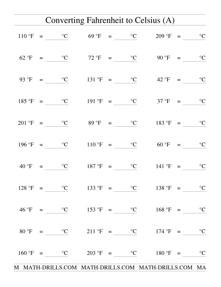 Converting From Fahrenheit To Celsius (A) | Temperature Conversion Worksheets Printable