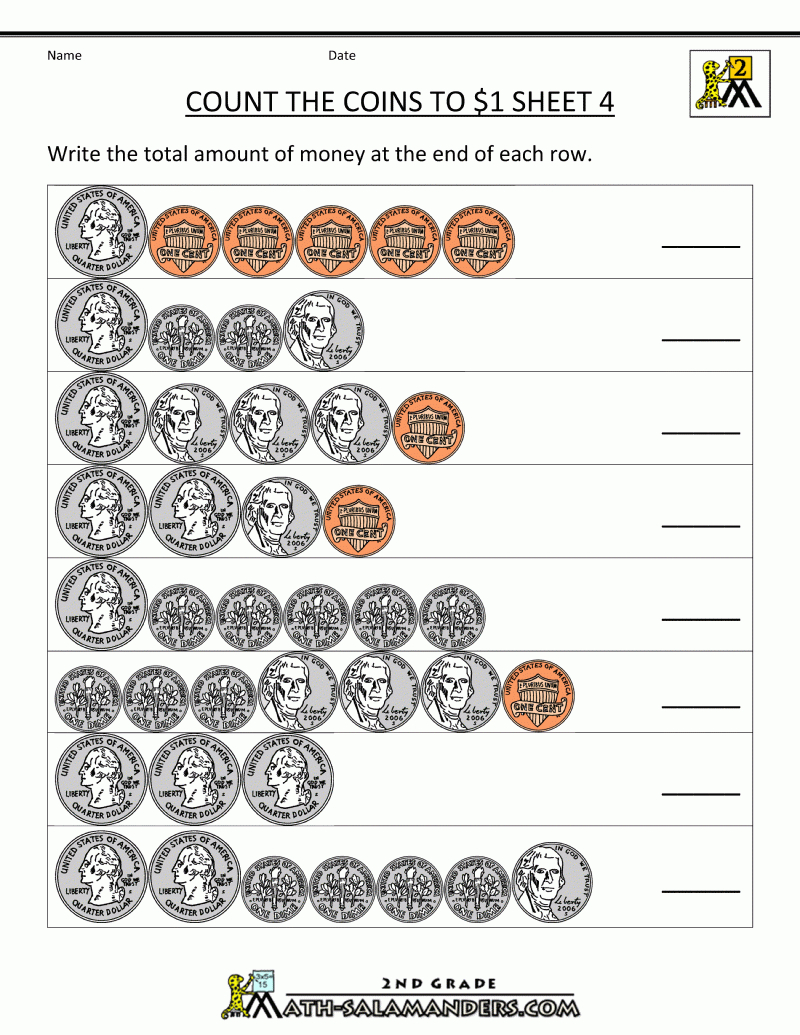 Counting Money Worksheets Up To $1 | Learning Money Worksheets Printable