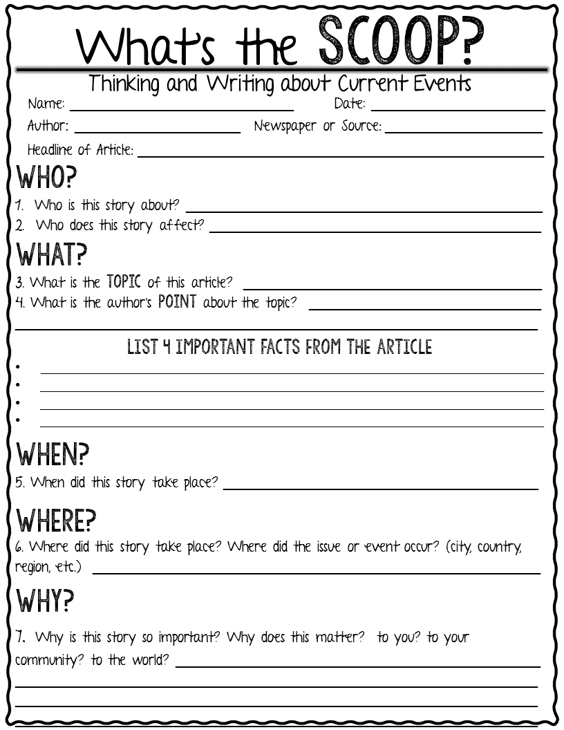 Current Event Newspaper Assignment-What&amp;#039;s The Scoop?- | T E A C H | Current Events Printable Worksheet