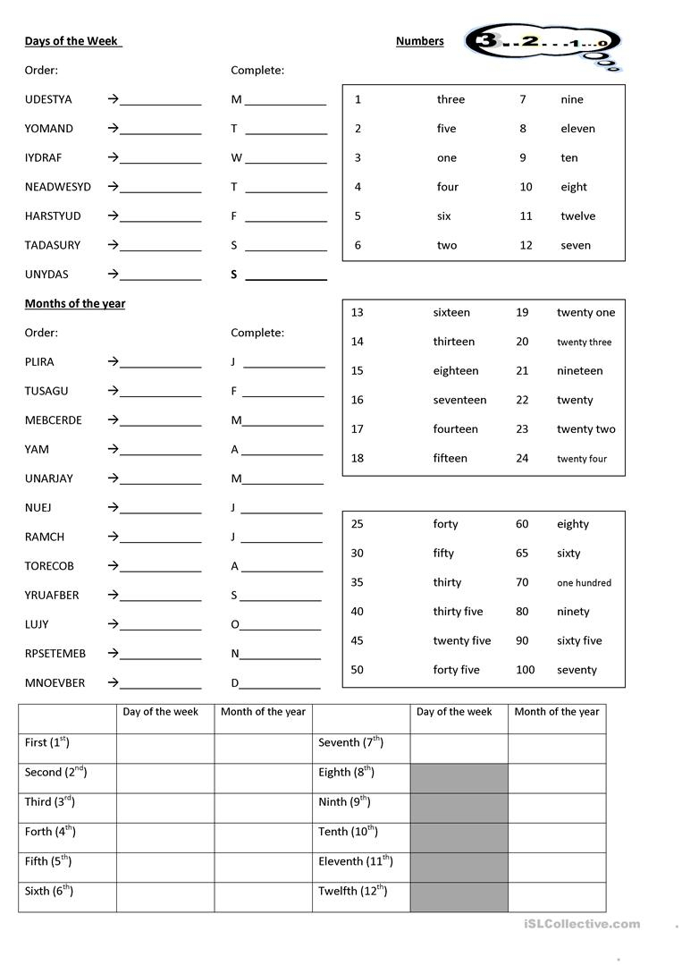 Days, Months, Ordinal Number Worksheet Worksheet - Free Esl | Printable Worksheets Esl Students