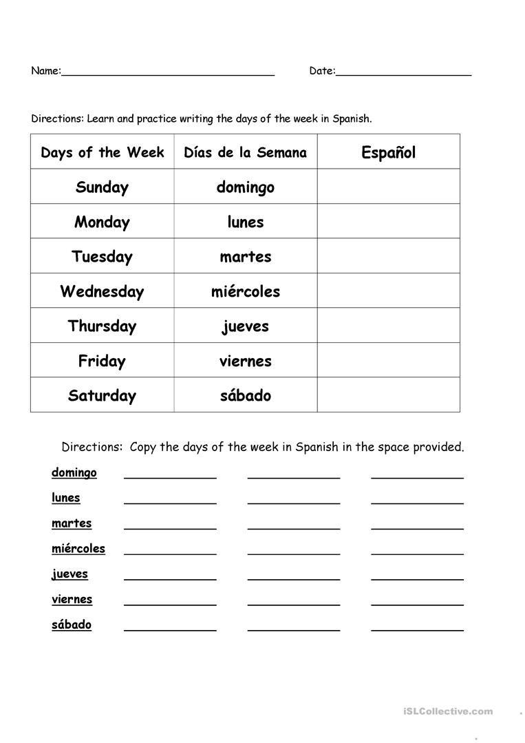 Days Of The Week In Spanish Worksheet - Free Esl Printable | Free Printable Spanish Worksheets For Beginners