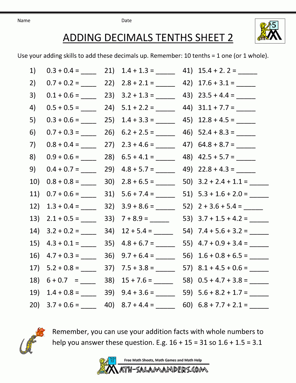 Decimal Math Worksheets Addition | Printable Math Worksheets 4Th 5Th Grade
