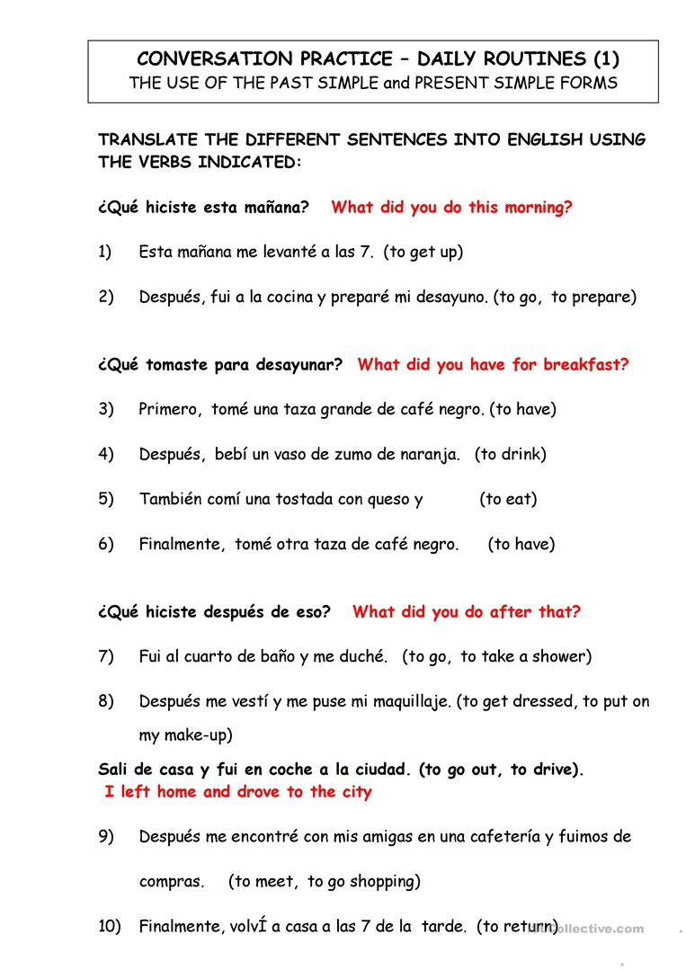 Dialy Routines. Translate From Spanish To English Worksheet - Free | Year 10 English Worksheets Printable