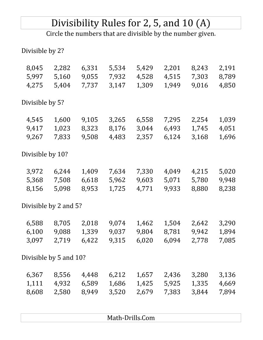 Divisibility Rules For 2, 5 And 10 (4 Digit Numbers) (A) | Divisibility Worksheets Printable