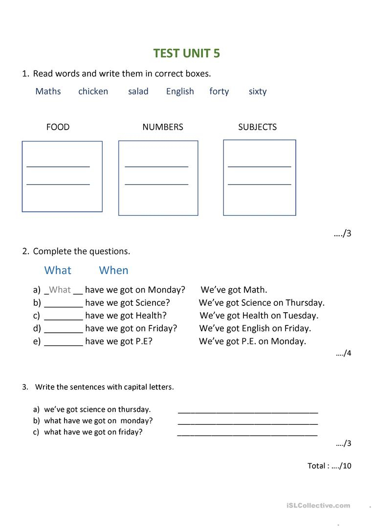 English Test Grade 2 , Family And Friends Unit 5. Worksheet - Free | English Test Printable Worksheets