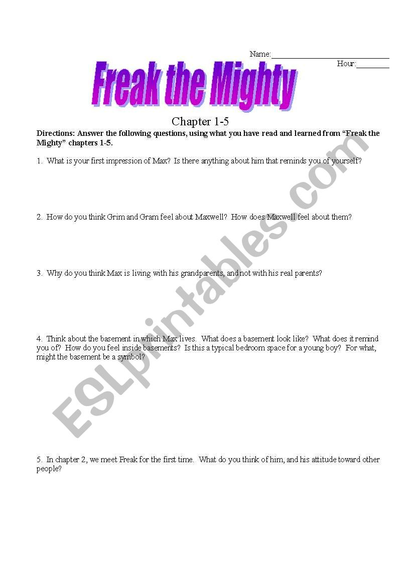 English Worksheets: Freak The Mighty Chpts 1-5 | Freak The Mighty Printable Worksheets