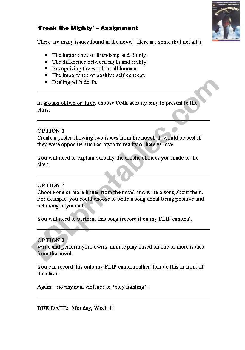 English Worksheets: Freak The Mighty Creative Worksheet | Freak The Mighty Printable Worksheets
