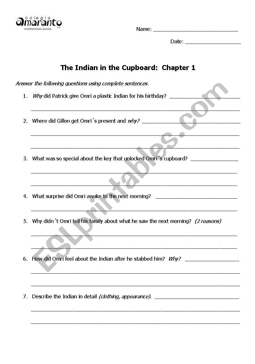 English Worksheets: The Indian In The Cupboard Comprehension Questions | Indian In The Cupboard Free Printable Worksheets