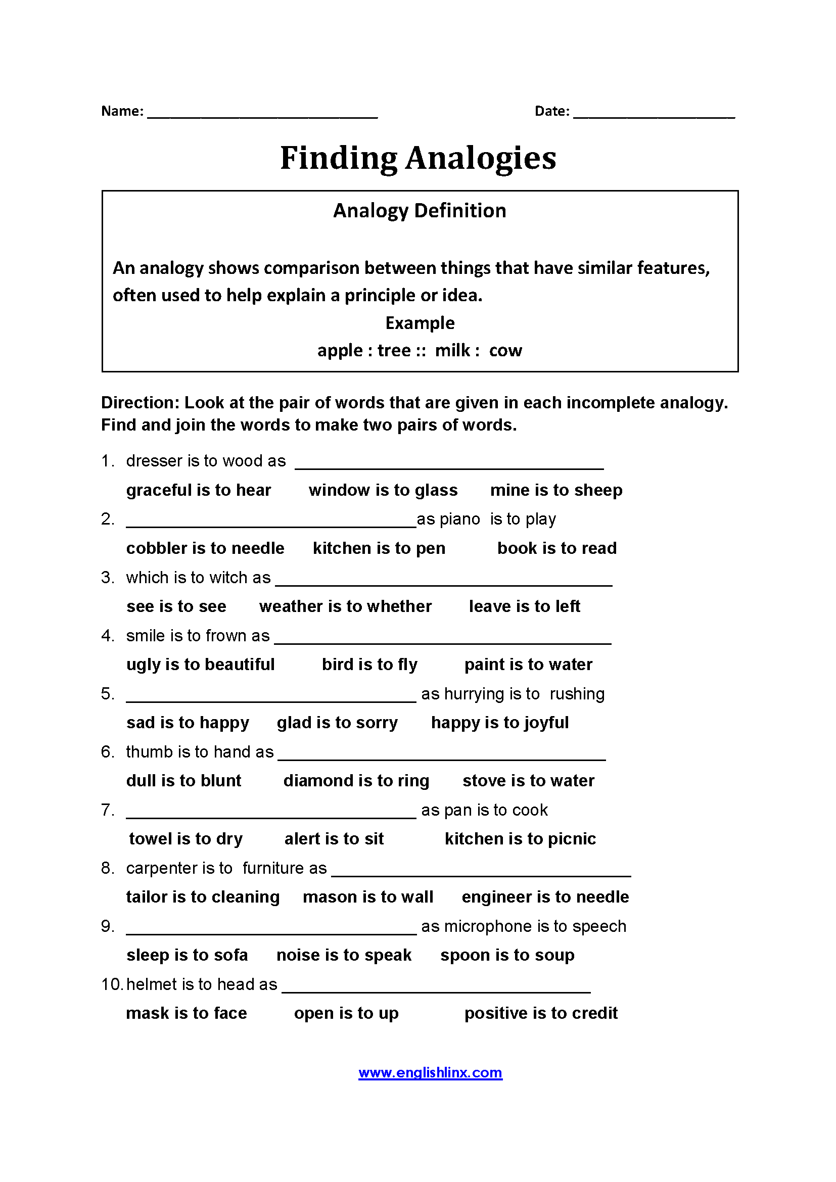 analogy worksheets for middle school printables