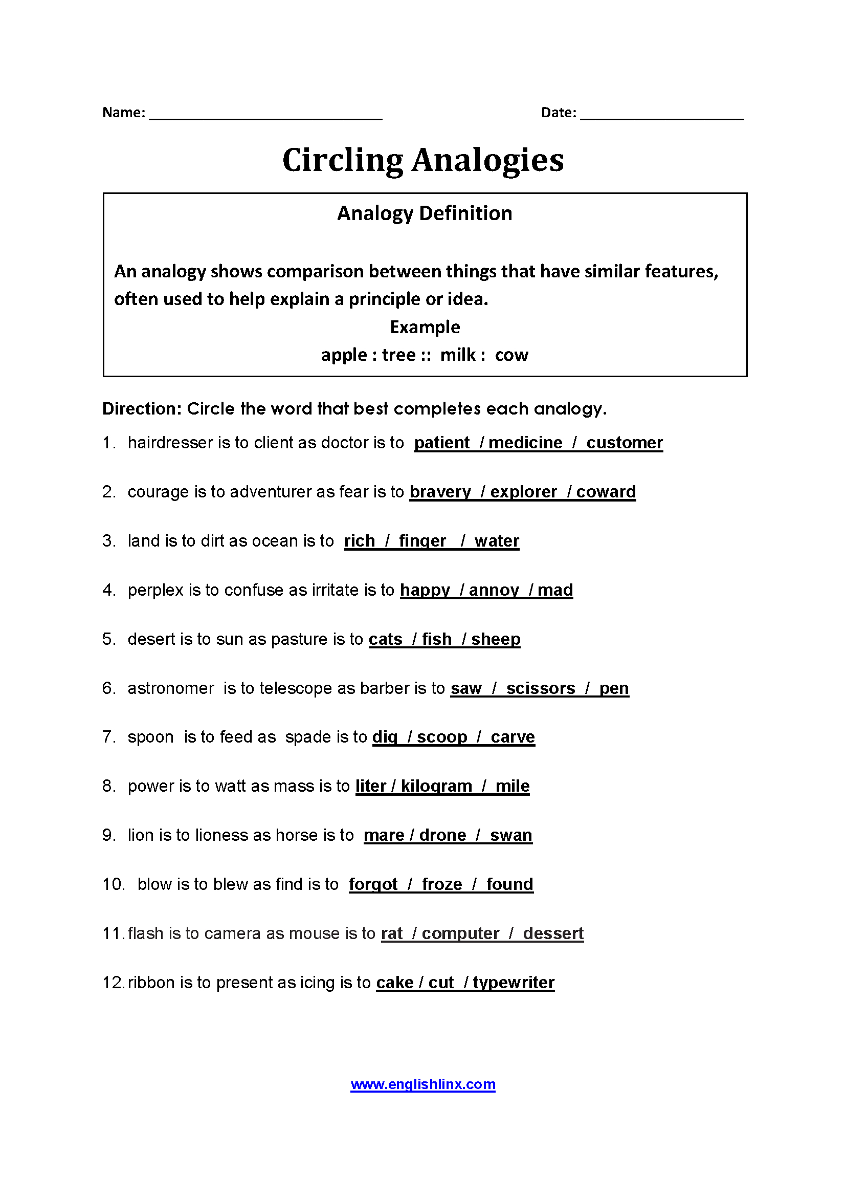 Englishlinx | Analogy Worksheets | Analogy Worksheets For Middle School Printables
