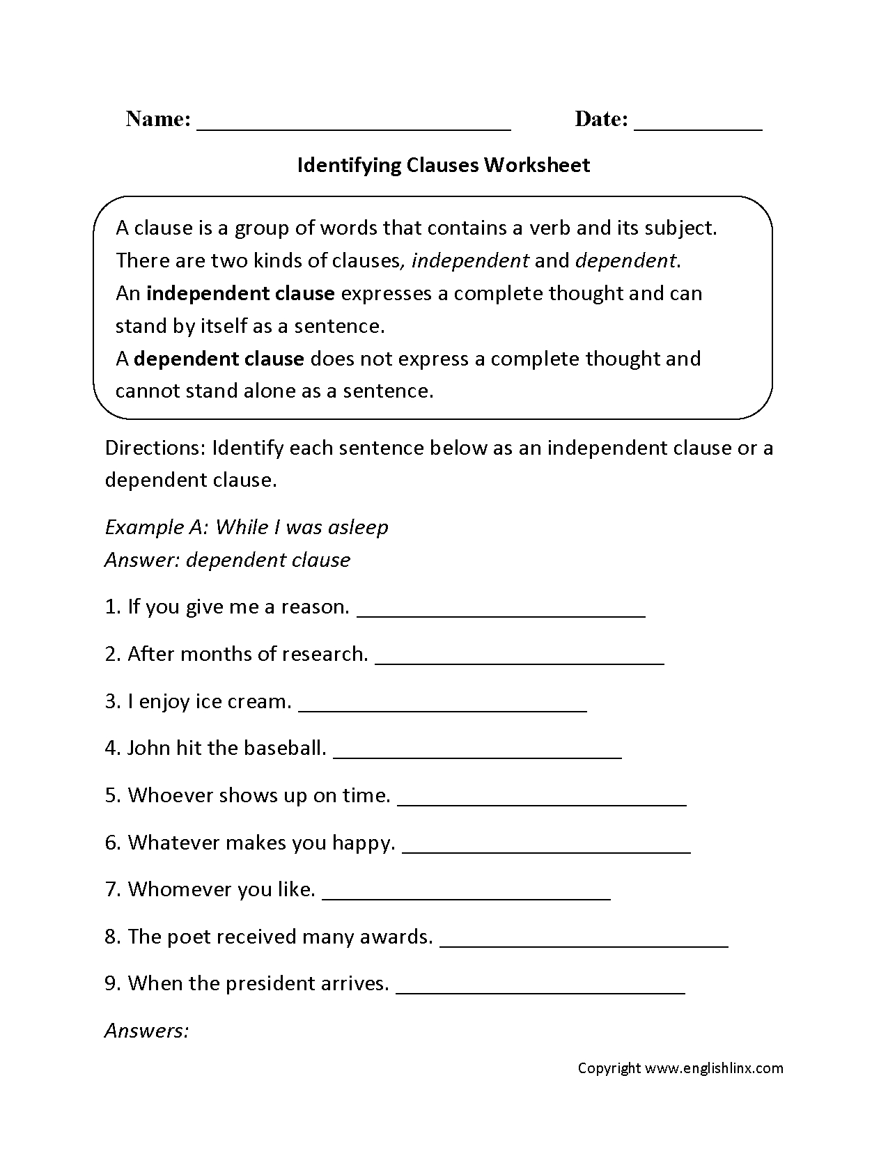Englishlinx | Clauses Worksheets | Printable English Worksheets For Middle School