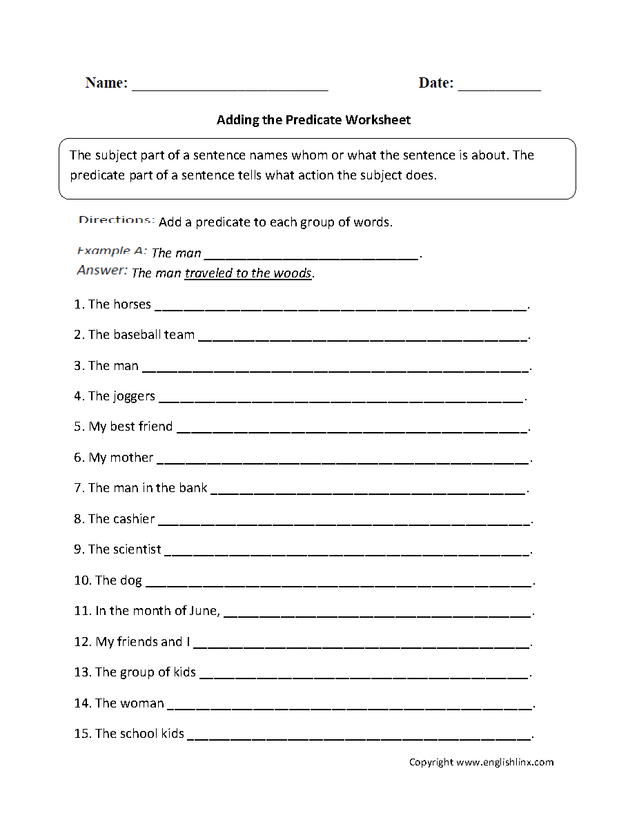 Englishlinx | Subject And Predicate Worksheets - Free Printable | Free Printable Worksheets For Highschool Students