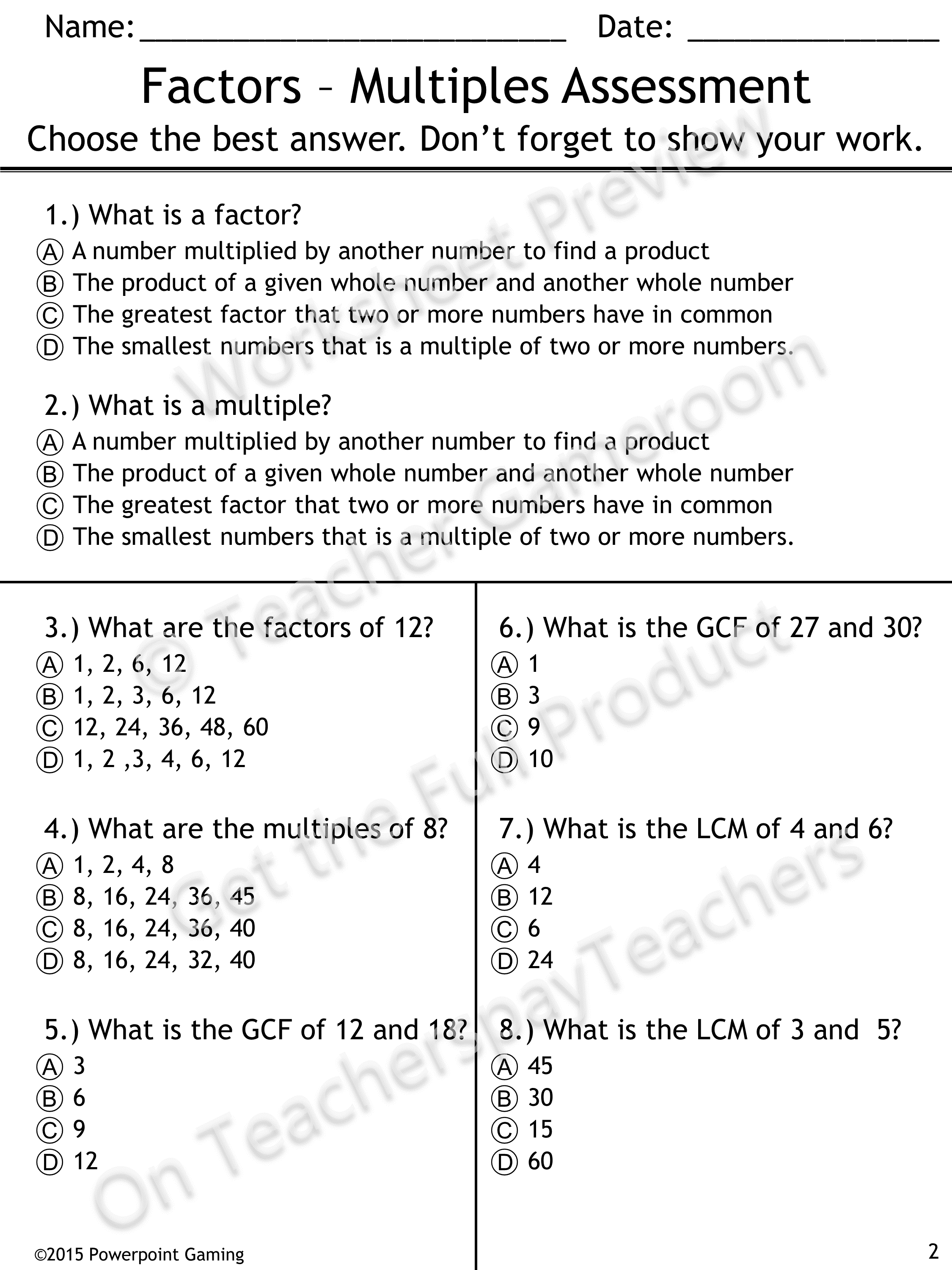Factors And Multiples Quiz - 4.oa.4 | School | Factors, Multiples | Free Printable Lcm Worksheets