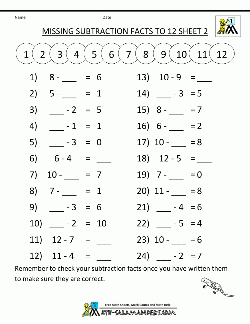 First Grade Math Worksheets | Missing Subtraction Facts To 12 Sheet | Printable Addition And Subtraction Worksheets For Grade 3