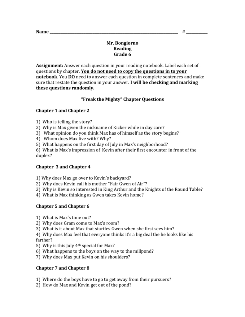 Freak The Mighty” Chapter Questions | Freak The Mighty Printable Worksheets