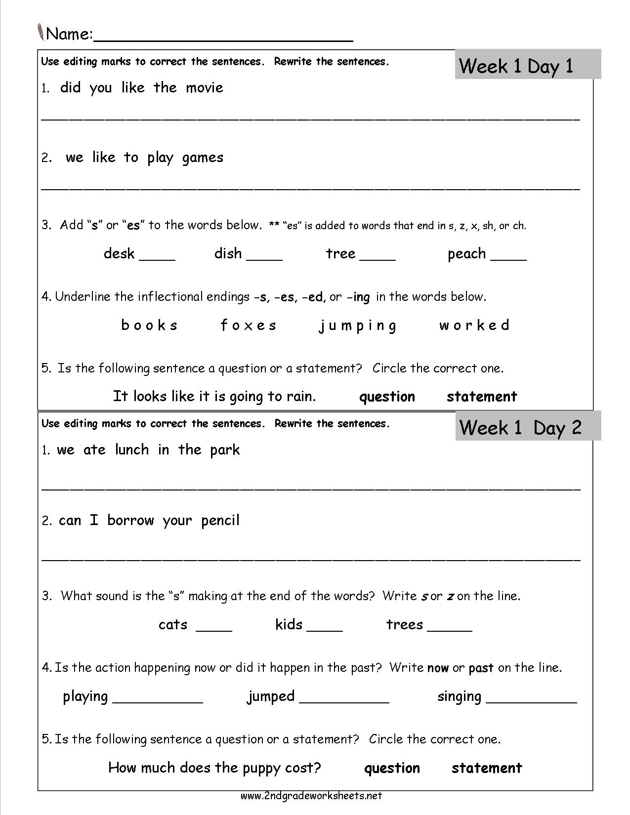 Free 2Nd Grade Daily Language Worksheets | 3Rd Grade Language Arts Worksheets Free Printable