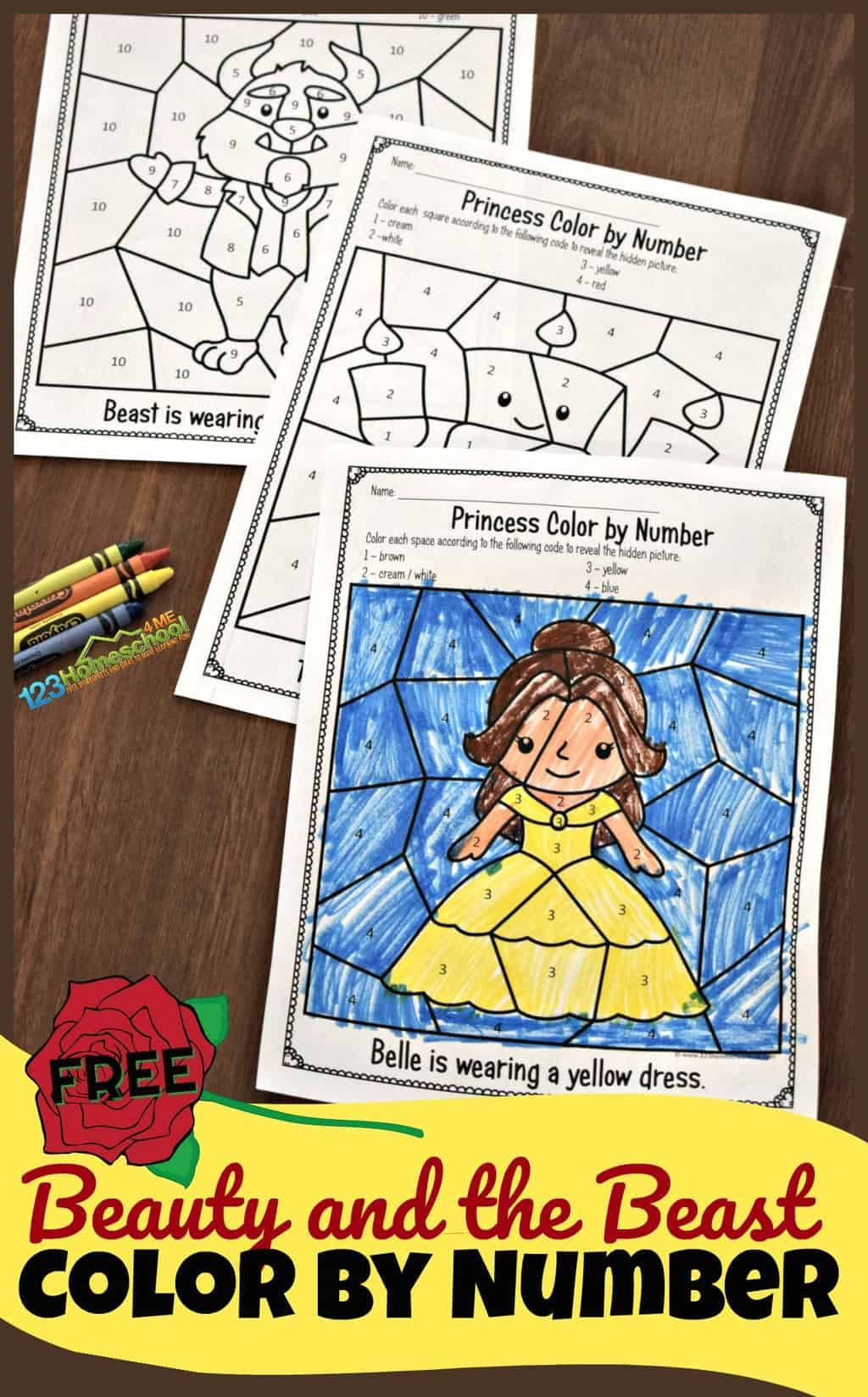 Free Beauty And The Beast Colornumber Worksheets | Hs- Preschool | The Printable Princess Worksheets