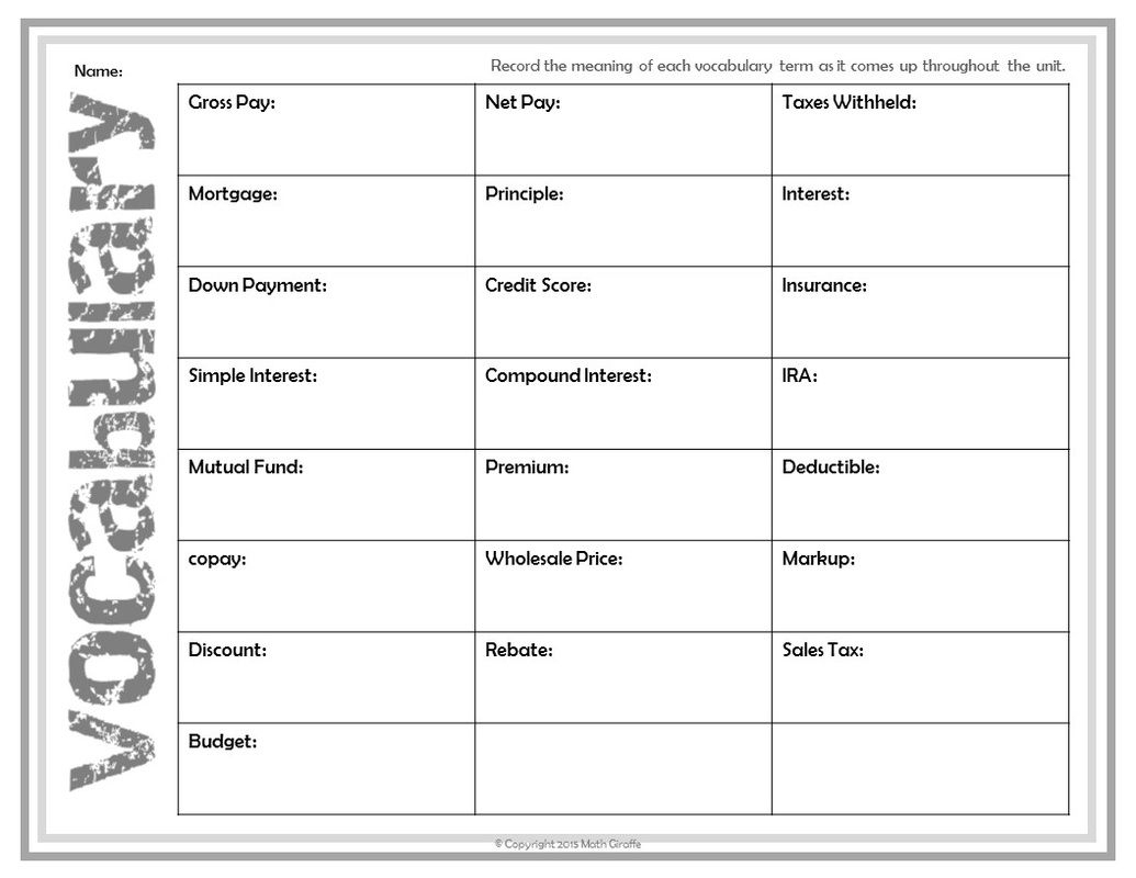 Free Download - Vocabulary For Financial Literacy | 7Th Grade Math | Free Printable 7Th Grade Vocabulary Worksheets