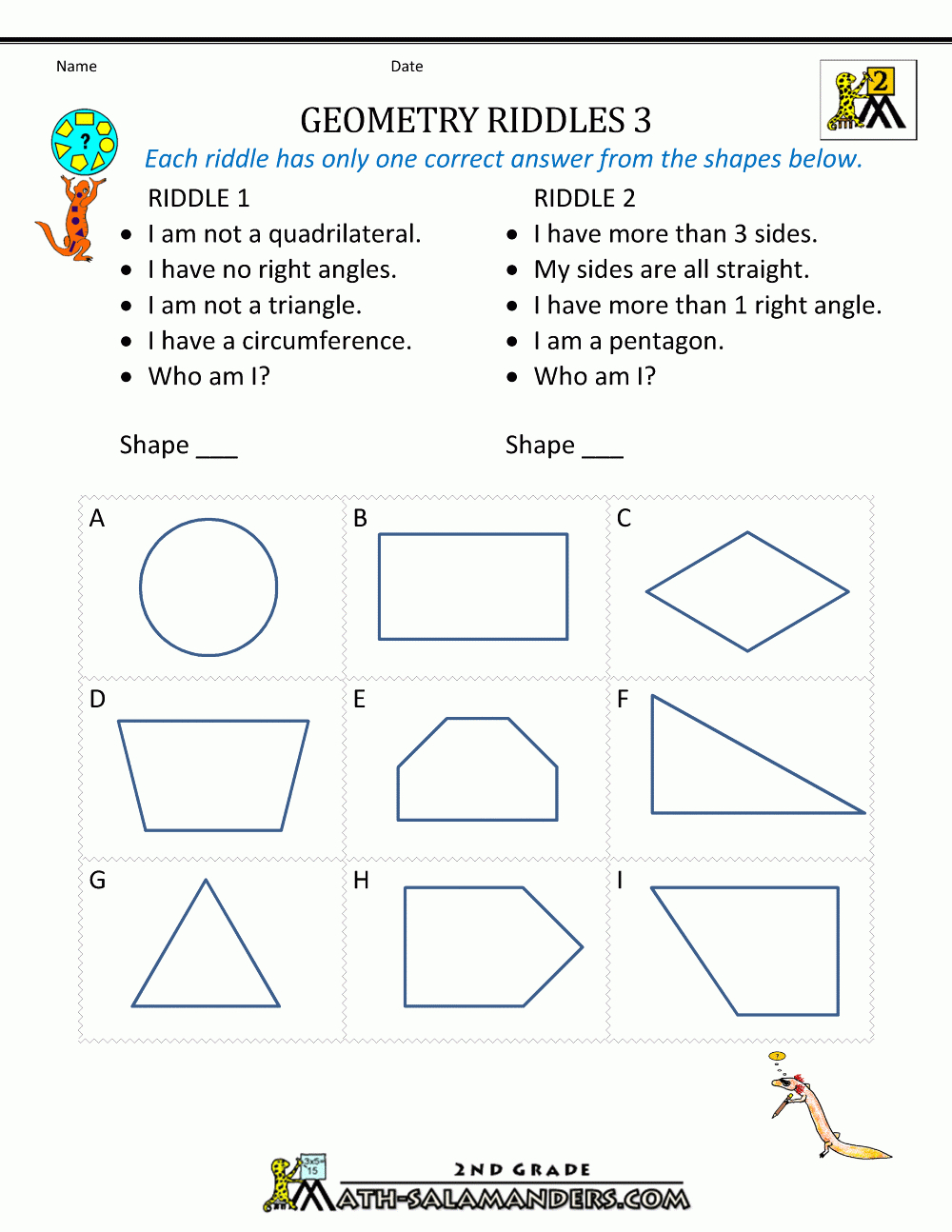 Free Geometry Worksheets 2Nd Grade Geometry Riddles | Free Printable Geometry Worksheets