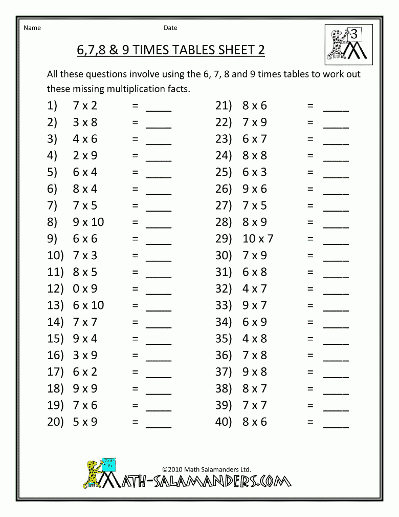 Free-Math-Sheets-Multiplication-6-7-8-9-Times-Tables-2.gif (780×1009 | 9 Times Table Worksheet Printable