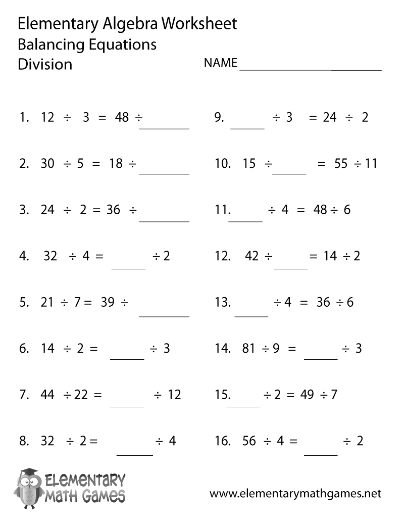 Free Printable Algebra Division Worksheet | Printable Algebra Worksheets