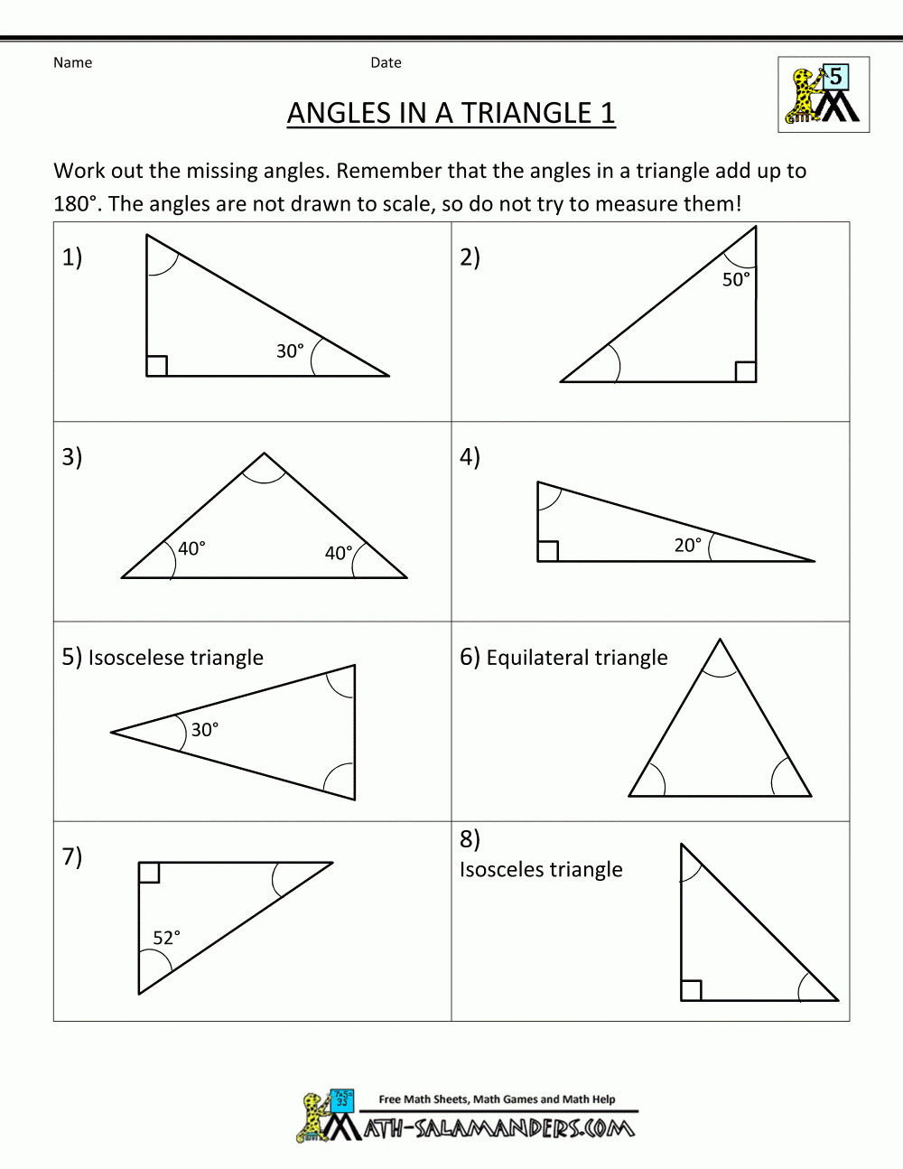 Free Printable Geometry Sheets Angles In A Triangle 1 | Geometry | Free Printable Geometry Worksheets For Middle School