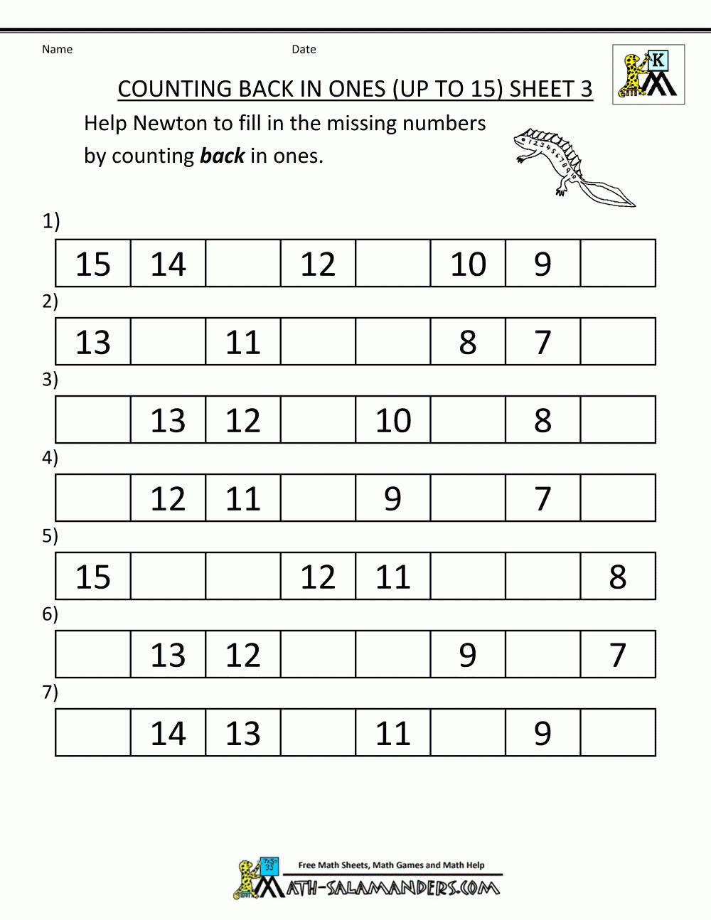 Free Printable Kindergarten Math Worksheets Counting Back In 1S To | Kindergarten Homework Printable Worksheets