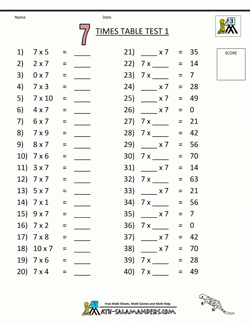 Free Printable Math Sheets 7 Times Table Test 1 | Korrutustabel | Homeschooling Paradise Free Printable Math Worksheets Third Grade