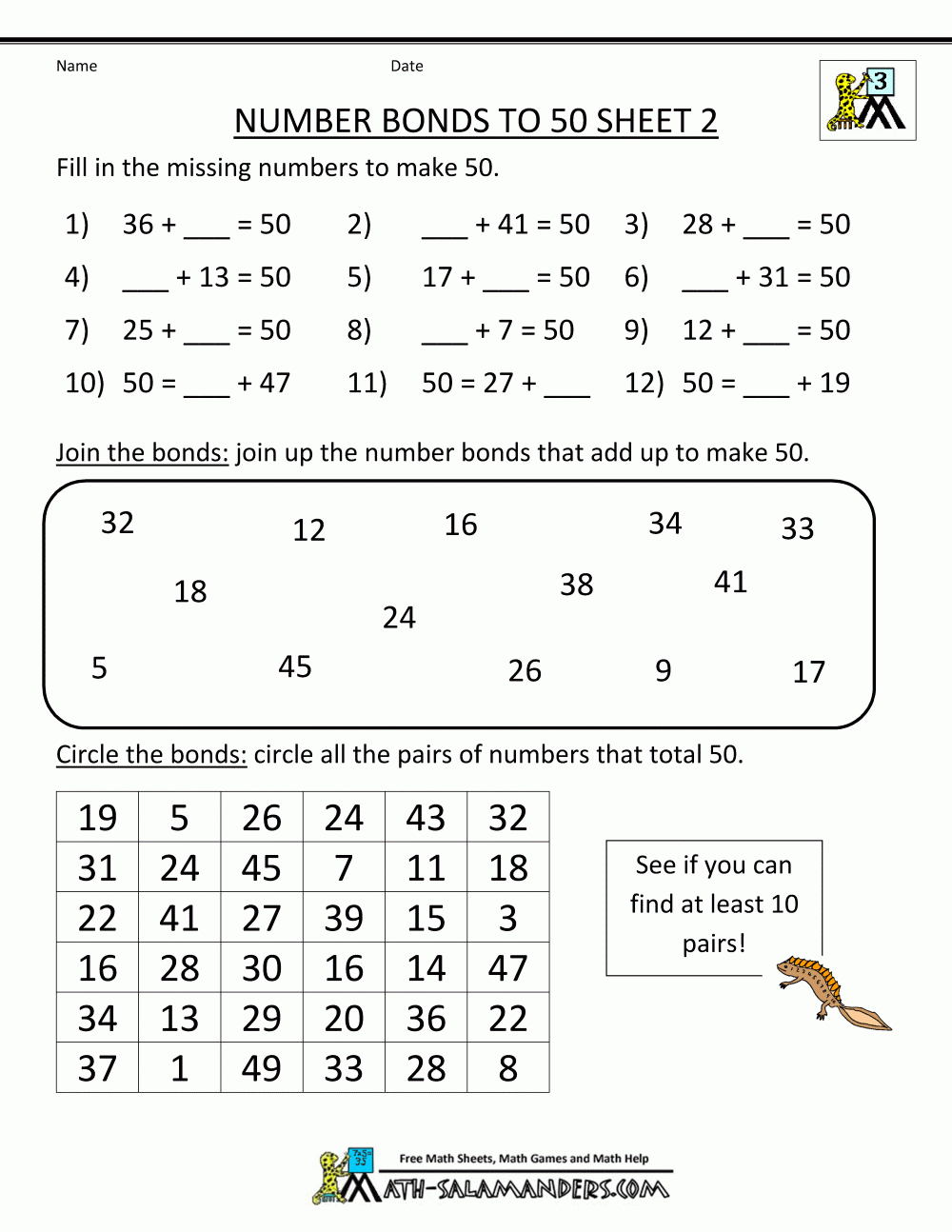 Free Printable Math Worksheets Number Bonds To 50 2 | Education | Free Printable Number Bonds Worksheets For Kindergarten