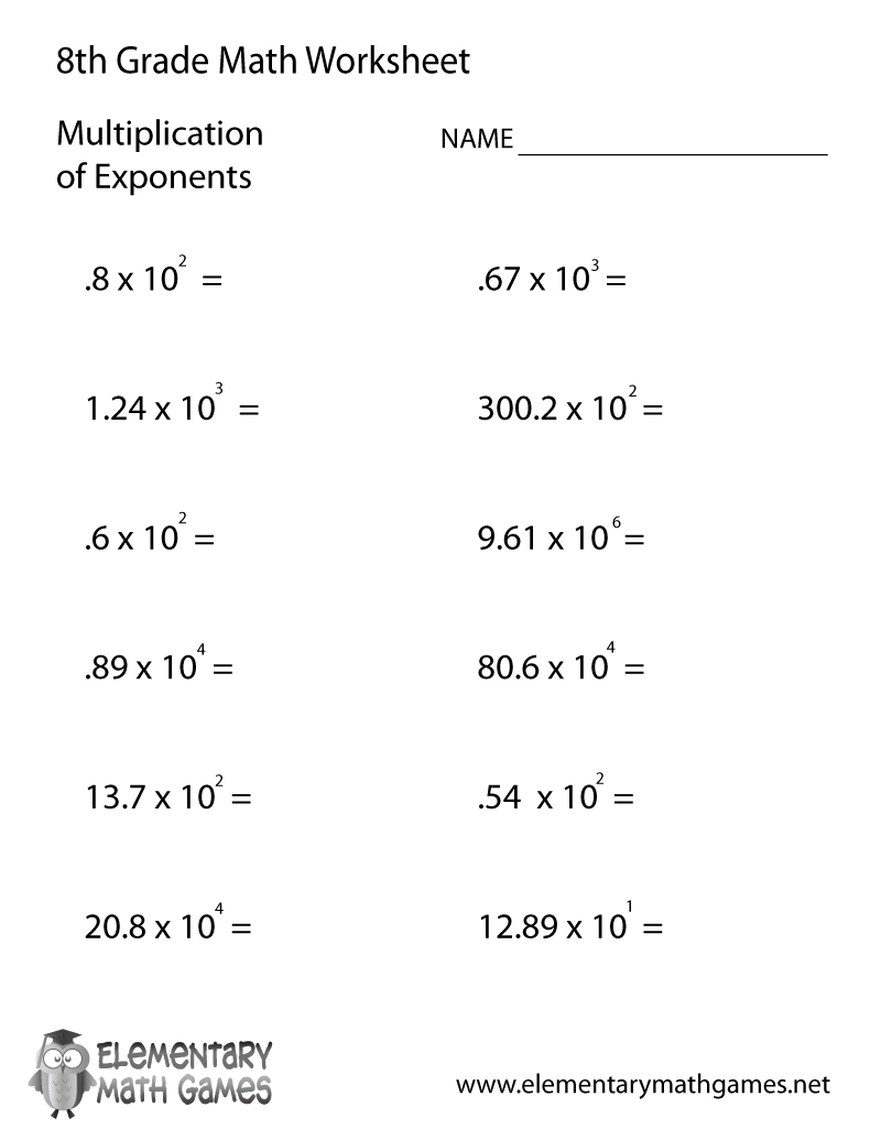 Free Printable Multiplication Of Exponents Worksheet For Eighth Grade | Printable 8Th Grade Math Worksheets
