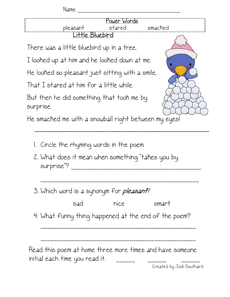 Free Printable Reading Comprehension Worksheets For Kindergarten | Free Printable Poetry Worksheets